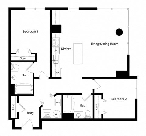 Floor plan for 2 beds, 2 baths, 1108 sqft